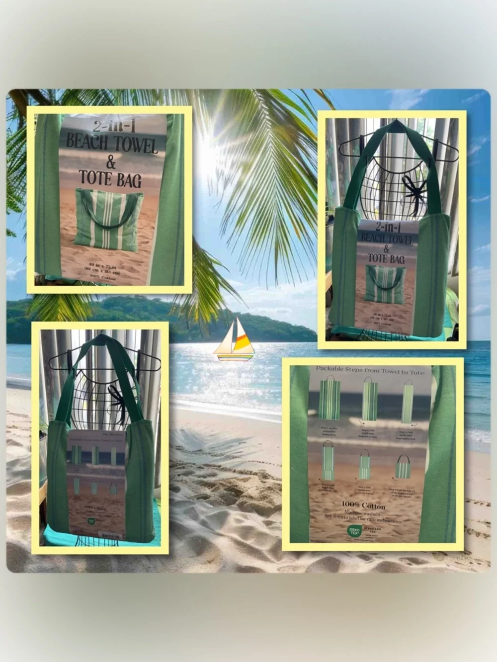 2-in-1 Beach Towel & Tote Bag - Striped Green and Pink Options
